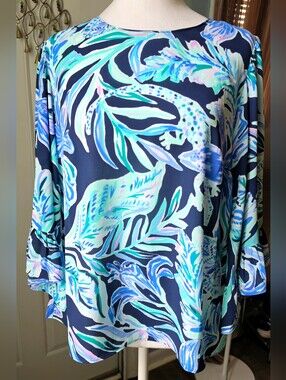 Lilly Pulitzer Francis Top Womens S High Tide Navy Ready Set Gecko 3/4 Flounce S